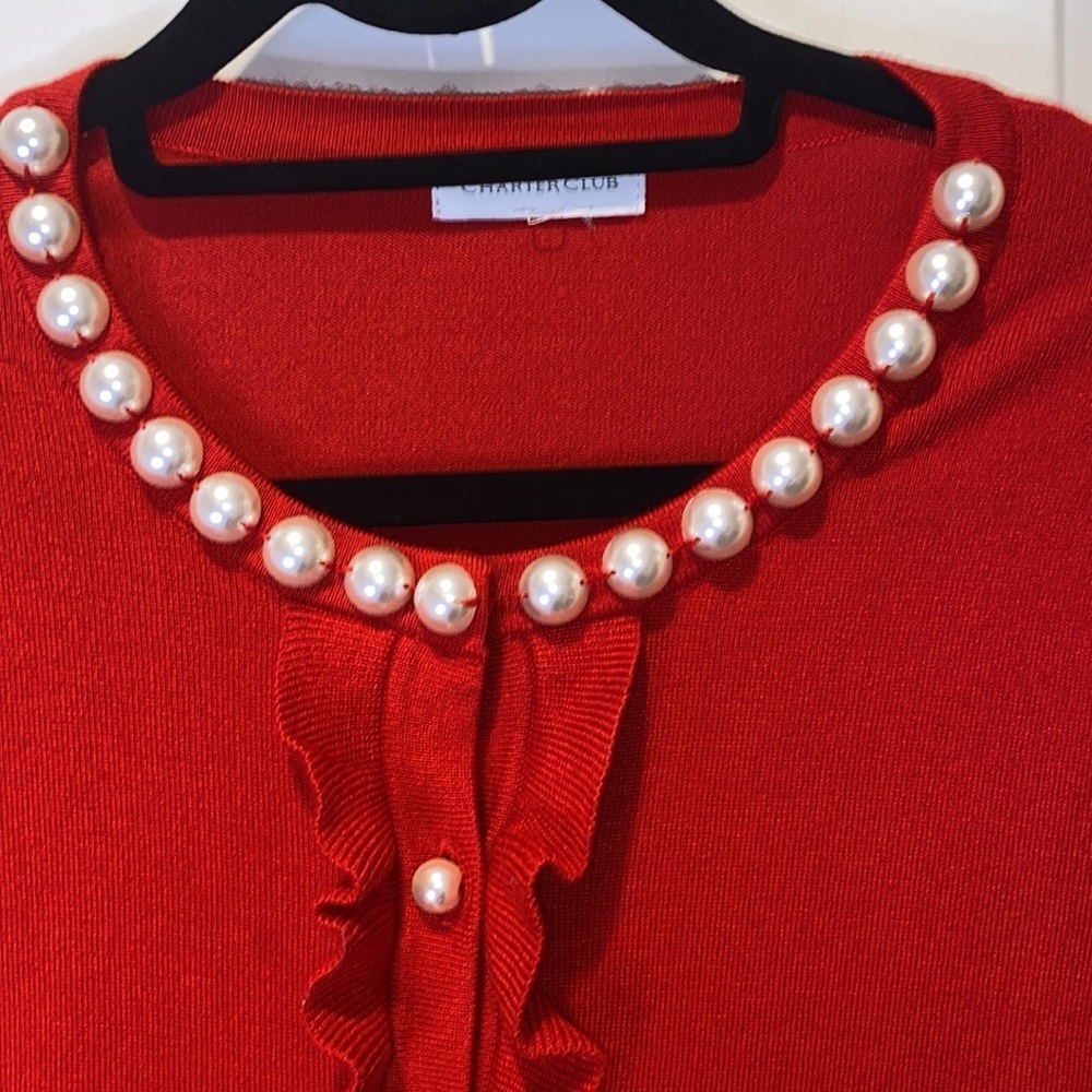 Charter Club Womens Size L Ruffled-Front Cardigan Faux Pearl Buttons - Picture 4 of 5